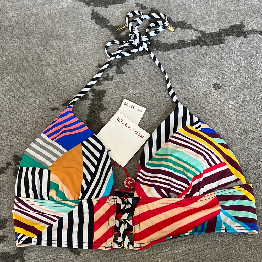 Red Carter Black White Mutlicolored Striped Halter bikini top sz M